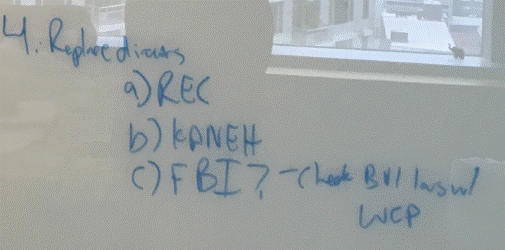 A white board with blue writing

Description automatically generated