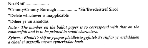 FORM OF BACK OF BALLOT PAPER: REFERENDUM IN WALES
