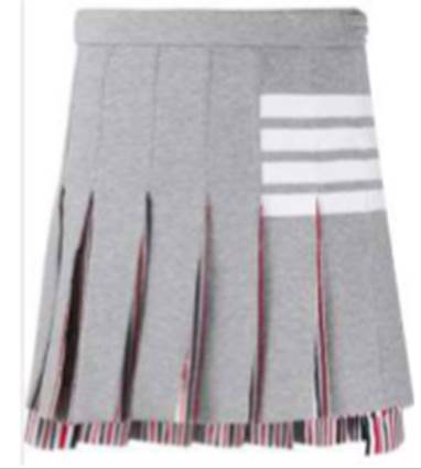 A grey skirt with white stripes

Description automatically generated