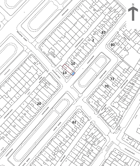 overhead street plan with building outlined in red