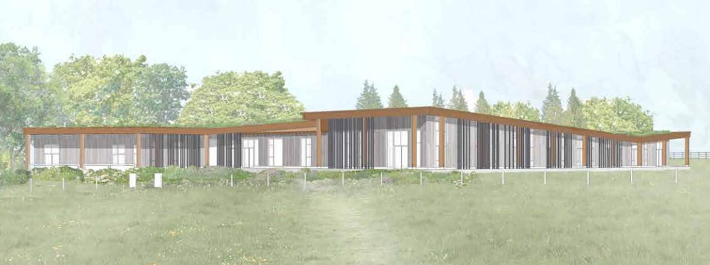 architectural rendering of building in landscape