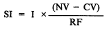 Formula - SI equals I multiplied by ((NV minus CV) divided by RF)